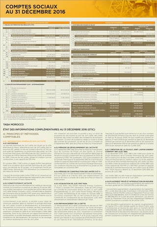 A- PRINCIPES ET MÉTHODES
COMPTABLES
A.0 / INFORMATIONS GÉNÉRALES SUR L’ACTIVITÉ
A.0.1 HISTORIQUE
La centrale thermique de Jorf Lasfar est située sur la côte
atlantique du Maroc, adjacente au port de Jorf Lasfar, dans la
province d’El Jadida. Le site est localisé à environ 127 Km au
sud-ouest de Casablanca. La construction des unités 1 et 2 de
la centrale thermique a été effectuée par GEC Alsthom pour
le compte de l’Ofﬁce National d’Electricité (ONE), et achevée
en 1994. Chacune de ces unités, utilisant le charbon comme
combustible, a une capacité de 330 MW.
En octobre 1994, l’ONE a émis un appel d’offre international
relatif à la concession de la centrale thermique de Jorf Lasfar
pour une période de 30 années. Le Groupement formé par
ABB Energy Ventures et CMS Generation (Le Consortium) a
été retenu en février 1995.
L’accord de principe établi entre l’ONE et le Consortium en
avril 1996 a permis le démarrage des négociations des contrats
afférents au projet (Project Agreements).
A.0.2 CONSTITUTION ET ACTIVITÉ
Dans le but de conclure ofﬁciellement et mettre en œuvre ces
contrats, le Consortium a constitué, en date du 20 janvier 1997,
une société marocaine en commandite par actions dénommée
Jorf Lasfar Energy Company (JLEC), immatriculée au Registre
de Commerce sous le Numéro 2145, ayant pour Identiﬁcation
Fiscale le Numéro 1021595 et enregistrée à la Patente sous le
Numéro 42161753.
Conformément à ses statuts, la société a pour objet de
construire, exploiter, gérer et maintenir la centrale électrique
de Jorf Lasfar, incluant le développement, le ﬁnancement,
l’équipement, la construction, le design, les tests, l’exploitation
et la maintenance des deux nouvelles unités, qui sont
quasiment similaires en taille et en technologie à celles déjà
existantes. Dans le but d’assurer son approvisionnement en
combustibles, la société développe, exploite et entretient les
installations de déchargement, de transport et de stockage
du charbon existantes au Port de Jorf Lasfar.
Afin d’exercer ces activités, la société a reçu un droit de
jouissance du site localisé au port de Jorf Lasfar, des unités
existantes, des unités nouvelles, des installations de transport
du charbon. Ce droit de jouissance s’étale sur toute la durée
des contrats de concession, qui est de 30 ans à compter du
12 Septembre 1997, date de la Mise en Place du Financement.
A.0.3 PÉRIODE DE DÉVELOPPEMENT DE L’ACTIVITÉ
Le 12 septembre 1997, date de la Mise en Place du Financement,
tous les Contrats de Projet ont été signés, le Contrat
d’Emprunt Groupe a été exécuté, et le premier déblocage de
l’Emprunt Groupe a notamment servi au paiement du Droit de
Jouissance à l’ONE. Par conséquent, JLEC a pris possession de
la Centrale Thermique le 13 septembre 1997 et a commencé à
vendre la capacité disponible et la production nette à l’ONE,
conformément au Contrat de Fourniture d’Energie Electrique.
Les conditions requises pour le ﬁnancement du projet ont été
complétées en novembre 1997.
A.0.4 PÉRIODE DE CONSTRUCTION DES UNITÉS 3 ET 4
Les Unités 3 et 4 ont été respectivement mises en exploitation
le 9 juin 2000 et le 2 février 2001, soit respectivement 33
mois et 40 mois à compter de la date de la Mise en Place du
Financement.
A.0.5 ACQUISITION DE JLEC PAR TAQA
Le 2 mai 2007, Abu Dhabi National Energy Company
(“TAQA”) a acheté CMS Generation, ﬁliale de CMS Energy
qui contrôle les actionnaires directs de JLEC (i) Jorf Lasfar
Energiaktiebolag, (ii) Jorf Lasfar Power Energy AB and (iii)
Jorf Lasfar Handelsbolag et les ﬁliales du Groupe ABB (i)
Tre Kronor Investment AB, (ii) AB Cythere 61 and (iii) AB
Cythere 63. En conséquence de ces acquisitions, JLEC était
directement et indirectement détenue par TAQA.
A.0.6 REFINANCEMENT DE LA DETTE
Le reﬁnancement de la dette contractée en devises en 1997
auprès d’un consortium de bailleurs de fonds étrangers
ainsi que la dette convertible en actions contractée auprès
des actionnaires directs de JLEC, moyennant la contraction
d’un crédit auprès d’un consortium de banques marocaines,
comportant de deux tranches A et B d’une maturité long
terme (une Tranche A d’un montant de 5.500.000,00 Dirhams
et une Tranche B de 1.500.000,00 Dirhams), et de deux
Tranches R (une facilité court terme sur un an) d’un montant
de 200.000,00 Dirhams chacune, dont le contrat a été signé
en date du 16 janvier 2009, tel que modiﬁé par avenant en
date du 27 mars 2009 et par avenant en date du 22 décembre
2009 et par avenant du 15 décembre 2010 et par avenant en
date du 10 décembre 2012 et par avenant en date du 3 octobre
2014 et par avenant en date du 3 juillet 2015.
A.0.7 CRÉATION DE LA FILIALE JORF LASFAR ENERGY
COMPANY 5&6 (JLEC 5&6)
Le 22 décembre 2010, JLEC 5&6 a été créée pour porter le
projet d’extension de la Centrale Thermique de Jorf Lasfar
par la construction de deux nouvelles unités de 350MW brute
chacune fonctionnant au charbon vapeur sur le site adjacent
au site actuel de la centrale thermique de Jorf Lasfar. Les deux
nouvelles unités de production d’électricité (Unités 5&6) sont
d’une capacité de 700 MW (2 x 350 MW), portant la capacité
totale de la centrale thermique de Jorf Lasfar à plus de 2000
MW. TAQA Morocco détient au 31 décembre 2016 66% des
actions de JLEC 5&6.
Les Unités 5&6 ont été mises en exploitation commerciale
respectivement le 15 avril et le 7 juin 2014.
A.0.8 PLACEMENT PRIVÉ ET INTRODUCTION EN BOURSE
En décembre 2013, une double augmentation de capital d’un
montant global de DH 1.500.000.310 a été effectuée :
- Une première augmentation «Augmentation de Capital Pré-
IPO » a été réservée à des investisseurs institutionnels (RMA
Watanya, SCR et MCMA) suite à un Placement Privé qui s’est
élevé à DH 499.999.805, dont 111.731.800 Dh à titre de nominal
et 388.268.005 Dh à titre de prime d’émission. Les actions
issues du Placement Privé ont été intégralement libérées et
portent jouissance à compter du 1er janvier 2013 ;
- Une deuxième augmentation de capital «Augmentation
de Capital IPO» a été réalisée auprès du Grand Public suite
à l’introduction en bourse de JLEC pour un montant de DH
1.000.000.505, dont 223.463.800 Dh à titre de nominal et
776.536.705 Dh à titre de prime d’émission. Les actions issues
de l’introduction en bourse ont intégralement été libérées et
portent jouissance à compter du 1er janvier 2013.
TAQA MOROCCO
ÉTAT DES INFORMATIONS COMPLÉMENTAIRES AU 31 DÉCEMBRE 2016 (ETIC)
ÉTAT DES SOLDES DE GESTION (ESG)
I. TABLEAU DE FORMATION DES RÉSULTATS (TFR)
Exercice du 01/01/2016 au 31/12/2016
EXERCICE EXE. PRECEDENT
1 Ventes de marchandises (en l’état)
2 - Achats revendus de marchandises
I = MARGE BRUTE SUR VENTES EN L ’ETAT
II + PRODUCTION DE L’EXERCICE (3+4+5) 4 505 769 456,93 4 887 224 375,99
3 * Ventes de biens et services produits 4 505 769 456,93 4 887 224 375,99
4 * Variation des stocks de produits
5
* Immobilisations produites par l’entreprise
pour elle même.
III - CONSOMMATION DE L’EXERCICE (6+7) 2 985 748 994,60 3 348 550 949,53
6 * Achats consommés de matières et fournitures 2 820 836 532,30 3 174 372 842,01
7 * Autres charges externes 164 912 462,30 174 178 107,52
IV = VALEUR AJOUTÉE (I+II-III) 1 520 020 462,33 1 538 673 426,46
8 + Subventions d’exploitation
9 - Impôts et taxes 23 516 745,27 23 658 209,67
10 - Charges de personnel 186 460 066,72 198 923 581,02
V =
EXCÉDENT BRUT D’EXPLOITATION (EBE)
OU INSUFFISANCE BRUTE D’EXPLOITATION
1 310 043 650,34 1 316 091 635,77
11 + Autres produits d’exploitation 904 764,58 2 165 558,31
12 - Autres charges d’exploitation
13 + Reprises d’exploitation; transferts de charges 17 396 496,40 23 285 103,50
14 - Dotations d’exploitation 564 930 449,47 569 255 407,84
VI = RÉSULTAT D’EXPLOITATION (+ ou -) 763 414 461,85 772 286 889,74
VII +/- RÉSULTAT FINANCIER 351 530 565,32 251 896 817,63
VIII = RÉSULTAT COURANT (+ ou -) 1 114 945 027,17 1 024 183 707,37
IX +/- RÉSULTAT NON COURANT (12 272 794,06) (15 549 188,01)
15 - Impôts sur les résultats 163 966 613,22 167 019 855,88
X = RÉSULTAT NET DE L’EXERCICE (+ ou -) 938 705 619,89 841 614 663,48
II. CAPACITÉ D’AUTOFINANCEMENT (CAF) - AUTOFINANCEMENT
1 Résultat net de l’exercice
= * Bénéﬁce + 938 705 619,89 841 614 663,48
= * Perte -
2 + Dotations d’exploitation (1) 548 689 028,17 551 858 911,44
3 + Dotations ﬁnancières (1)
4 + Dotations non courantes (1) 17 338 168,00 15 384 492,00
5 - Reprises d’exploitation (2)
6 - Reprises ﬁnancières (2)
7 - Reprises non courantes (2) (3) 15 384 492,00 13 936 737,00
8 - Produits des cessions d’immobilisations 174 100,00 73 000,00
9 + Valeurs nettes d’amort. des immo. cédées 49 677,95
I CAPACITÉ D’AUTOFINANCEMENT (CAF) 1 489 223 902,01 1 394 848 329,92
10 - Distributions de bénéﬁces 707 656 260,00 518 947 924,00
II AUTOFINANCEMENT 781 567 642,01 875 900 405,92
(1) A l’exclusion des dotations relatives aux actifs et passifs circulants et à la trésorerie
(2) A l’exclusion des reprises relatives aux actifs et passifs circulants et à la trésorerie
(3) Y compris reprises sur subventions d’investissement.
NOTA : Le calcul de la CAF peut également être effectué à partir de l’EBE.
TABLEAU DE FINANCEMENT
I. SYNTHÈSE DES MASSES DU BILAN Exercice du 01/01/2016 au 31/12/2016
MASSES
EXERCICE
N
EXERCICE
N-1
VARIATION A-B
Emplois
C
Ressources
D
1 Financement permanent 8 953 116 702,08 9 118 806 476,55 165 689 774,47
2 Moins actif immobilisé 6 294 870 100,56 6 670 072 845,74 375 202 745,18
3 = FONDS DE ROULEMENT (A) FONCTIONNEL (1-2) 2 658 246 601,52 2 448 733 630,81 209 512 970,71
4 Actif circulant 3 902 141 868,22 3 588 994 751,34 313 147 116,88
5 Moins Passif circulant 1 256 393 888,40 1 175 625 373,19 80 768 515,21
6 = BESOINS DE FINANCEMENT (B) GLOBAL (4-5) 2 645 747 979,82 2 413 369 378,15 232 378 601,67
7 TRÉSORERIE NETTE (ACTIF -PASSIF) A - B 12 498 621,70 35 364 252,66 22 865 630,96
II. EMPLOIS ET RESSOURCES
EXERCICE N EXERCICE N-1
EMPLOIS RESSOURCES EMPLOIS RESSOURCES
I. RESSOURCES STABLES DE L’EXERCICE
* AUTOFINANCEMENT (A) 781 567 642,01 875 900 405,92
* Capacité d’autoﬁnancement 1 489 223 902,01 1 394 848 329,92
- Distributions de bénéﬁces (707 656 260,00) (518 947 924,00)
* CESSIONS ET RÉDUCTIONS D’IMMOBILISATIONS (B) 2 172 546,74 5 816 629,04
* Cessions d’immobilisations incorporelles
* Cessions d’immobilisations corporelles 457 515,71 73 000,00
* Céssions d’immobilisations ﬁnancières
* Récupérations sur créances immobilisées 1 715 031,03 5 743 629,04
* AUGMENTATIONS DES CAPITAUX PROPRES
ET ASSIMILÉS (C)
* Augmentations de capital, apports
* Subvention d’investissement
* AUGMENTATION DES DETTES DE FINANCEMENT (D)
(nettes de primes de remboursement)
(A+B+C+D) 783 740 188,75 881 717 034,96
II.EMPLOIS STABLES DE L’EXERCICE ACQUISITIONS
ET AUGMENTATIONS D’IMMOBILISATIONS (E)
46 036 092,09 79 748 558,66
* Acquisitions d’immobilisations incorporelles 8 500,58
* Acquisitions d’immobilisations corporelles 46 036 092,09 79 740 058,08
* Acquisitions d’immobilisations ﬁnancières
* Augmentation des créances immobilisées
* REMBOURSEMENT DES CAPITAUX PROPRES (F)
* REMBOURSEMENT DES DETTES DE FINANCEMENT (G) 398 692 810,36 398 692 810,97
* EMPLOIS EN NON VALEURS (H) 129 498 315,59 113 120 639,58
TOTAL II. EMPLOIS STABLES (E+F+G+H) 574 227 218,04 591 562 009,21
III. VARIATION DU BESOIN DE FINANCEMENT GLOBAL
(B.F.G.)
232 378 601,67 282 798 633,91
IV. VARIATION DE LA TRÉSORERIE 22 865 630,96 7 356 391,84
TOTAL GÉNÉRAL 806 605 819,71 806 605 819,71 881 717 034,96 881 717 034,96
COMPTES SOCIAUX
AU 31 DÉCEMBRE 2016
 