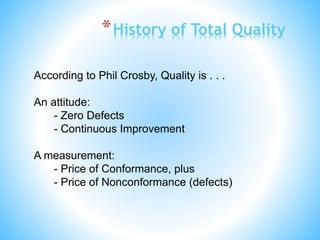 According to Phil Crosby, Quality is . . .
An attitude:
- Zero Defects
- Continuous Improvement
A measurement:
- Price of Conformance, plus
- Price of Nonconformance (defects)
*History of Total Quality
 