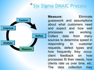 *Six Sigma DMAIC Process
Measure
Control
Define
Analyze
Improve
Measure: Eliminate
guesswork and assumptions
about what customers need
and expect and how well
processes are working.
Collect data from many
sources to determine speed in
responding to customer
requests, defect types and
how frequently they occur,
client feedback on how
processes fit their needs, how
clients rate us over time, etc.
The data collection may
 