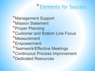 *Elements for Success
*Management Support
*Mission Statement
*Proper Planning
*Customer and Bottom Line Focus
*Measurement
*Empowerment
*Teamwork/Effective Meetings
*Continuous Process Improvement
*Dedicated Resources
 