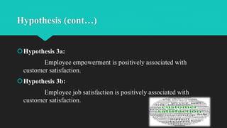 Hypothesis (cont…)
Hypothesis 3a:
Employee empowerment is positively associated with
customer satisfaction.
Hypothesis 3b:
Employee job satisfaction is positively associated with
customer satisfaction.
 