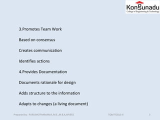 3Prepared by: PURUSHOTHAMAN.R.,M.E.,M.B.A,AP/EEE TQM TOOLS-II
3.Promotes Team Work
Based on consensus
Creates communication
Identifies actions
4.Provides Documentation
Documents rationale for design
Adds structure to the information
Adapts to changes (a living document)
 