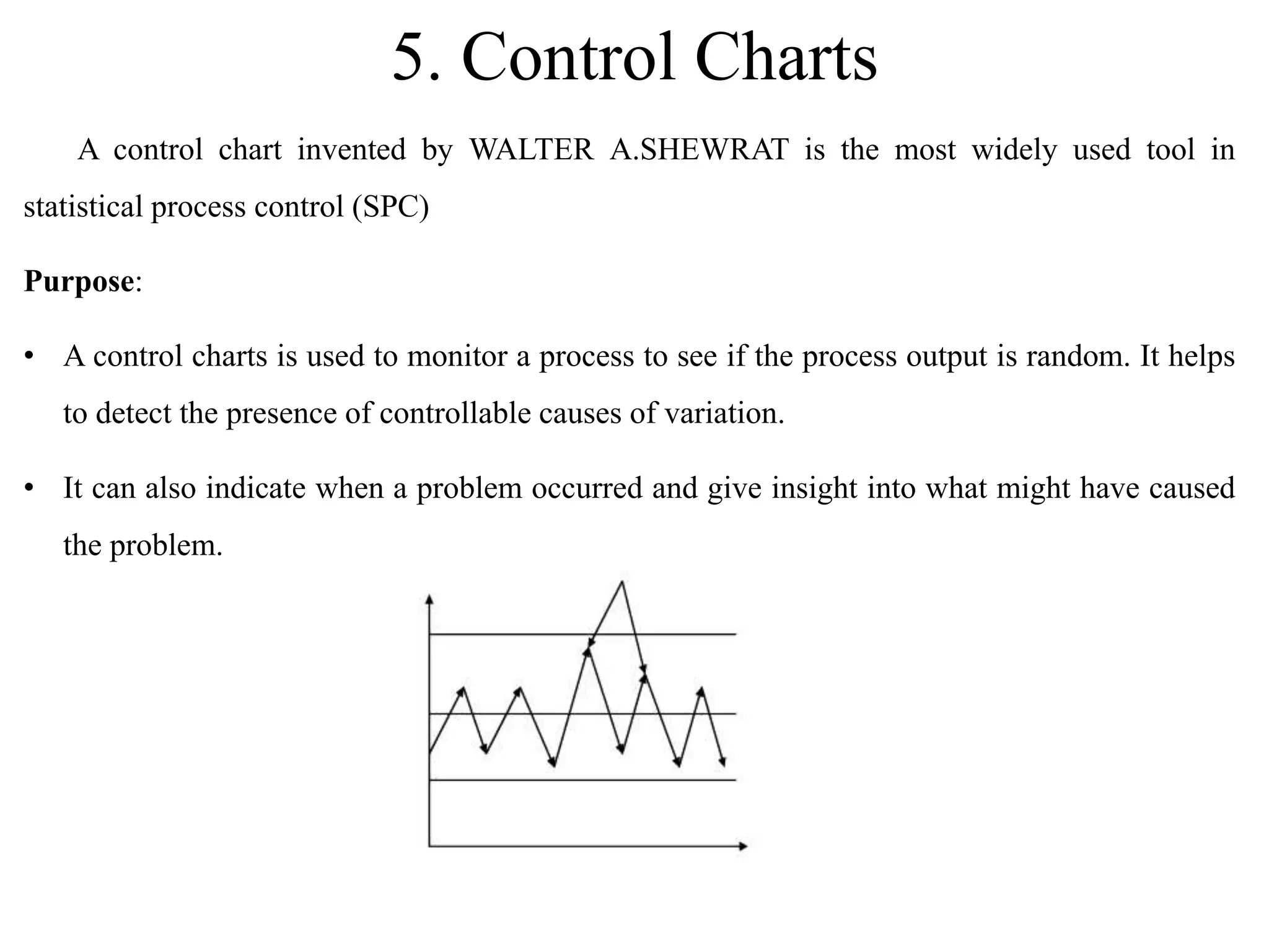 5. Control Charts
A control chart invented by WALTER A.SHEWRAT is the most widely used tool in
statistical process control (SPC)
Purpose:
• A control charts is used to monitor a process to see if the process output is random. It helps
to detect the presence of controllable causes of variation.
• It can also indicate when a problem occurred and give insight into what might have caused
the problem.
 