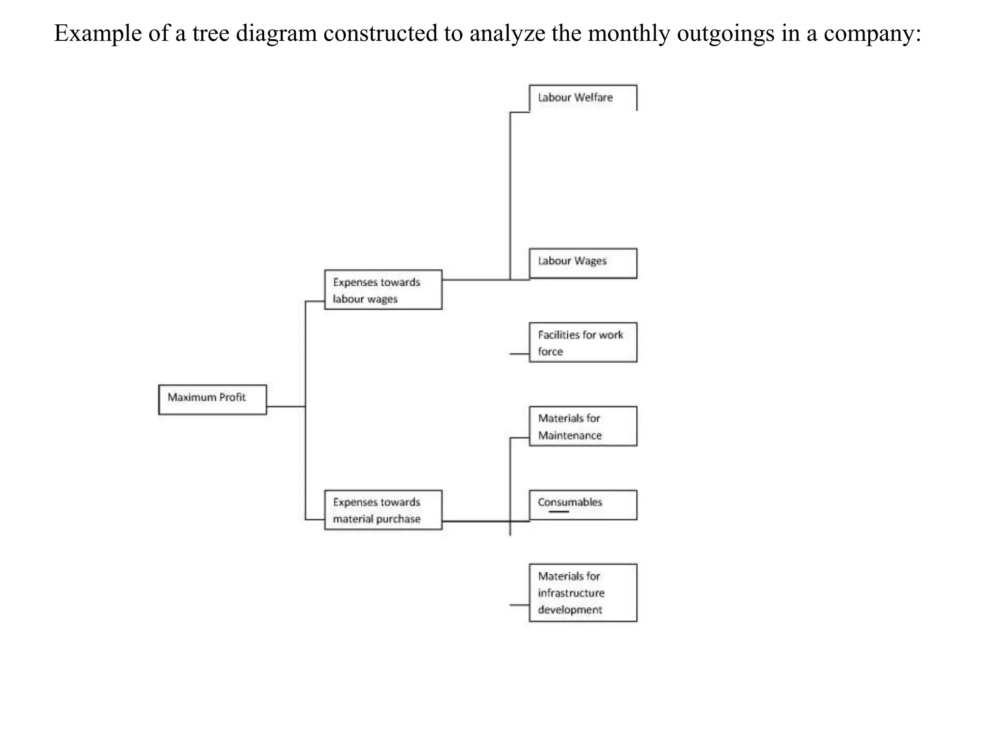 Example of a tree diagram constructed to analyze the monthly outgoings in a company:
 