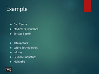 Example
 Call Centre
 Medical & Insurance
 Service Sector
 Tata motors
 Wipro Technologies
 Infosys
 Reliance Industries
 Mahindra
 