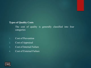 Types of Quality Costs
The cost of quality is generally classified into four
categories
1. Cost of Prevention
2. Cost of Appraisal
3. Cost of Internal Failure
4. Cost of External Failure
 
