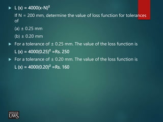  L (x) = 4000(x-N)²
If N = 200 mm, determine the value of loss function for tolerances
of
(a) ± 0.25 mm
(b) ± 0.20 mm
 For a tolerance of ± 0.25 mm. The value of the loss function is
L (x) = 4000(0.25)² =Rs. 250
 For a tolerance of ± 0.20 mm. The value of the loss function is
L (x) = 4000(0.20)² =Rs. 160
 