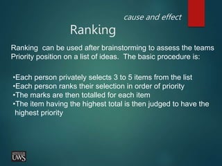 cause and effect
Ranking
Ranking can be used after brainstorming to assess the teams
Priority position on a list of ideas. The basic procedure is:
•Each person privately selects 3 to 5 items from the list
•Each person ranks their selection in order of priority
•The marks are then totalled for each item
•The item having the highest total is then judged to have the
highest priority
 
