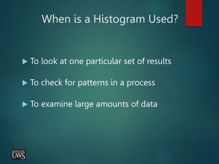 When is a Histogram Used?
 To look at one particular set of results
 To check for patterns in a process
 To examine large amounts of data
 