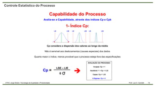 15
Prof. Luiz A. Carnielli
ETEC Jorge Street | Tecnologia da Qualidade e Produtividade
Controle Estatístico do Processo
Capabilidade do Processo
Avalia-se a Capabilidade, através dos índices Cp e Cpk
1- Índice Cp:
LSE – LIE
6
Cp = ➔
Cp considera a dispersão dos valores ao longo da média
Não é sensível aos deslocamentos (causas especiais) dos dados
Quanto maior o índice, menos provável que o processo esteja fora das especificações
σ
AVALIAÇÃO DO PROCESSO:
Incapaz: Cp < 1
Aceitável: 1 < Cp < 1,33
Capaz: Cp > 1,33
6 Sigmas: Cp > 2
LIE LSE LIE LSE LIE LSE
 
