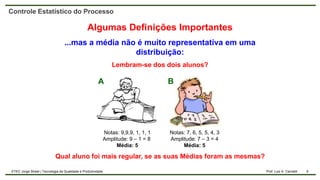 9
Prof. Luiz A. Carnielli
ETEC Jorge Street | Tecnologia da Qualidade e Produtividade
Controle Estatístico do Processo
Notas: 9,9,9, 1, 1, 1
Amplitude: 9 – 1 = 8
Média: 5
Notas: 7, 6, 5, 5, 4, 3
Amplitude: 7 – 3 = 4
Média: 5
Qual aluno foi mais regular, se as suas Médias foram as mesmas?
A B
Algumas Definições Importantes
...mas a média não é muito representativa em uma
distribuição:
Lembram-se dos dois alunos?
 