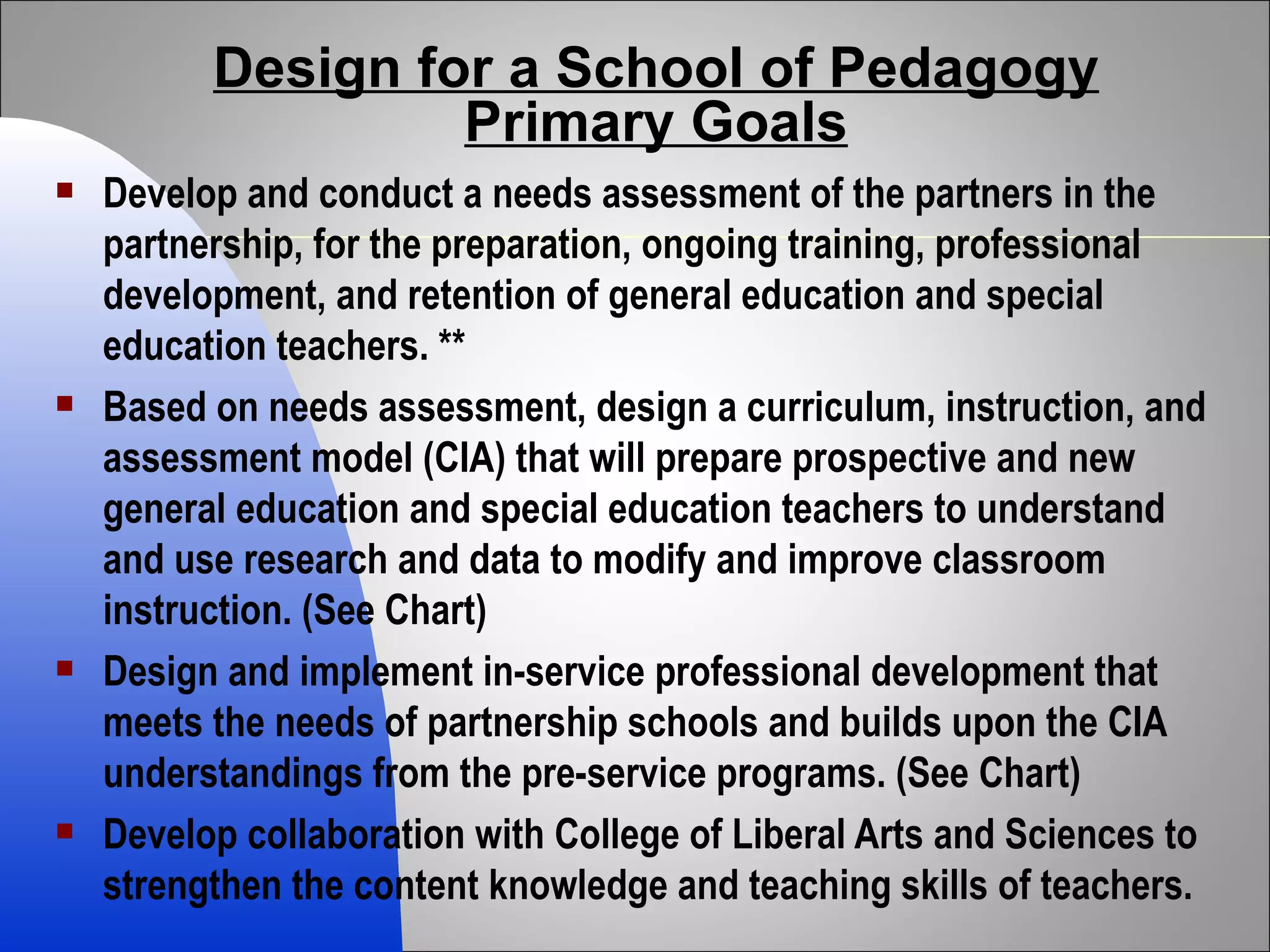 Design for a School of Pedagogy Primary Goals Develop and conduct a needs assessment of the partners in the partnership, for the preparation, ongoing training, professional development, and retention of general education and special education teachers. ** Based on needs assessment, design a curriculum, instruction, and assessment model (CIA) that will prepare prospective and new general education and special education teachers to understand and use research and data to modify and improve classroom instruction. (See Chart) Design and implement in-service professional development that meets the needs of partnership schools and builds upon the CIA understandings from the pre-service programs. (See Chart) Develop collaboration with College of Liberal Arts and Sciences to strengthen the content knowledge and teaching skills of teachers.  