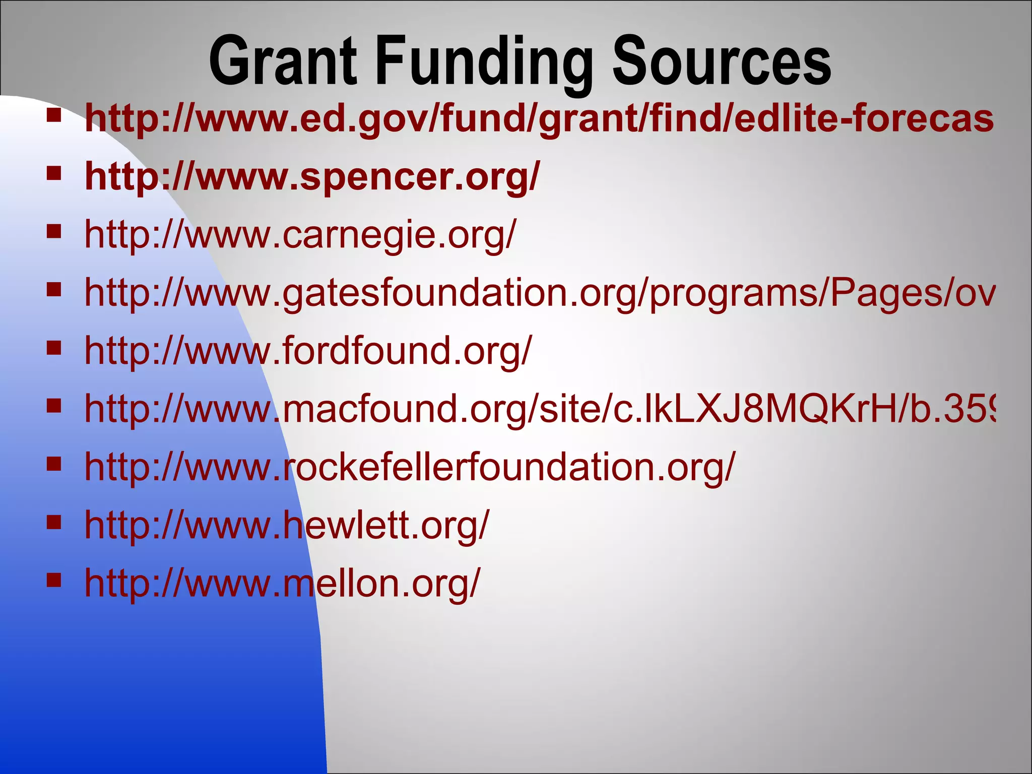Grant Funding Sources http://www.ed.gov/fund/grant/find/edlite-forecast.html#chart5 http://www.spencer.org/ http://www.carnegie.org/ http://www.gatesfoundation.org/programs/Pages/overview.aspx http://www.fordfound.org/ http://www.macfound.org/site/c.lkLXJ8MQKrH/b.3599935/k.66CA/MacArthur_Foundation_Home.htm http://www.rockefellerfoundation.org/ http://www.hewlett.org/ http://www.mellon.org/ 