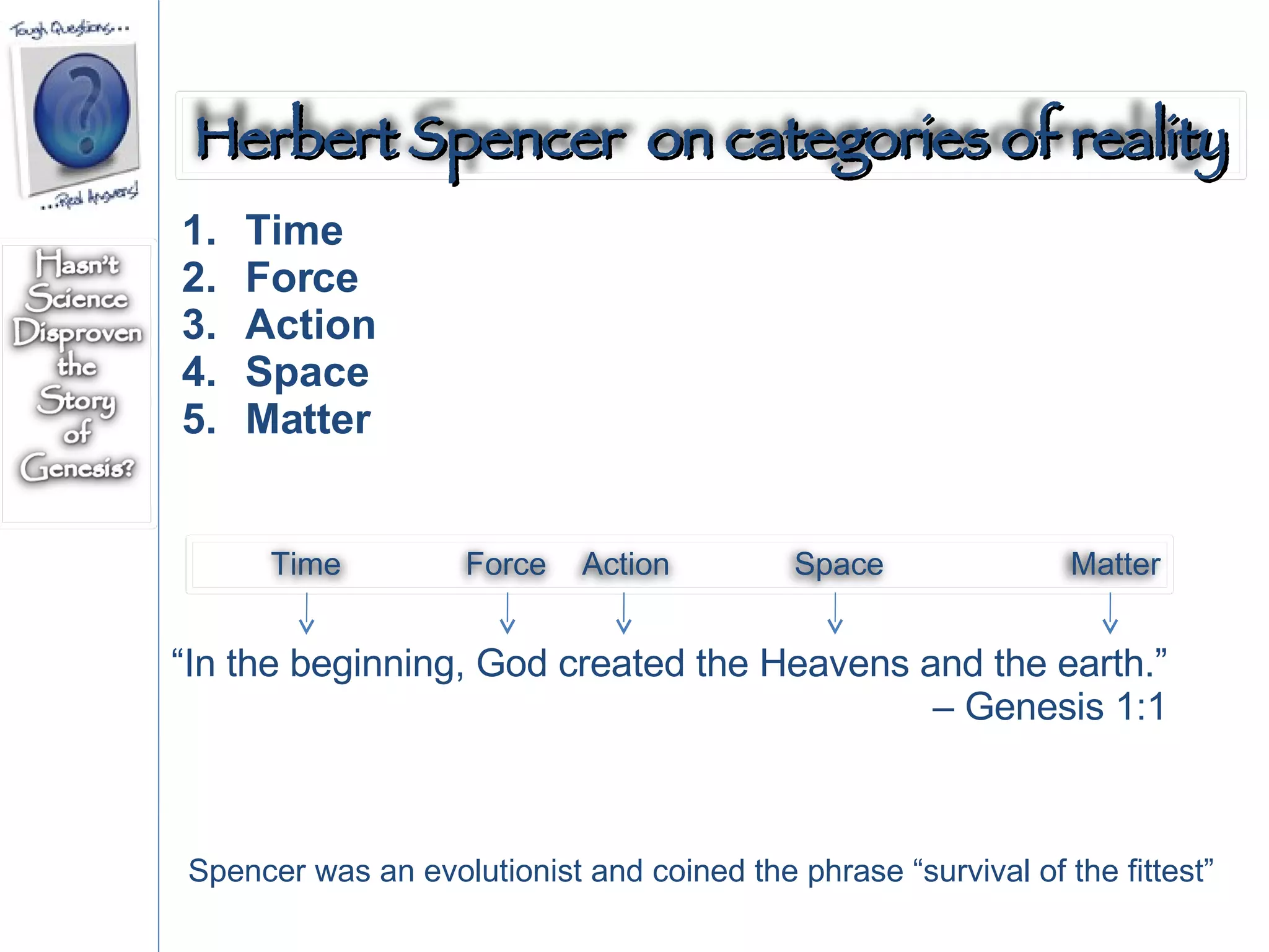 Time Force Action Space Matter “ In the beginning, God created the Heavens and the earth.”  –  Genesis 1:1 Spencer was an evolutionist and coined the phrase “survival of the fittest” Herbert Spencer  on categories of reality Time  Force  Action  Space  Matter 