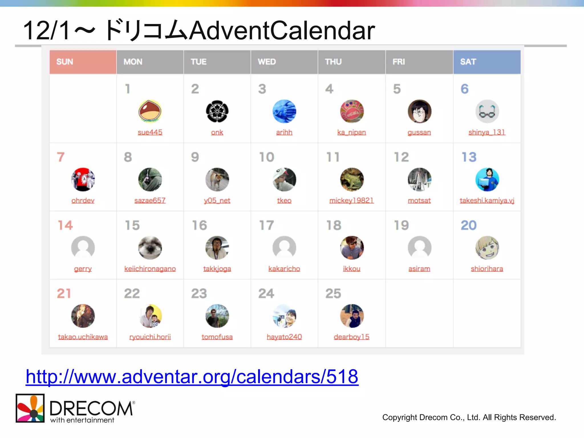 Copyright Drecom Co., Ltd. All Rights Reserved. 
12/1〜 ドリコムAdventCalendar 
http://www.adventar.org/calendars/518 
 