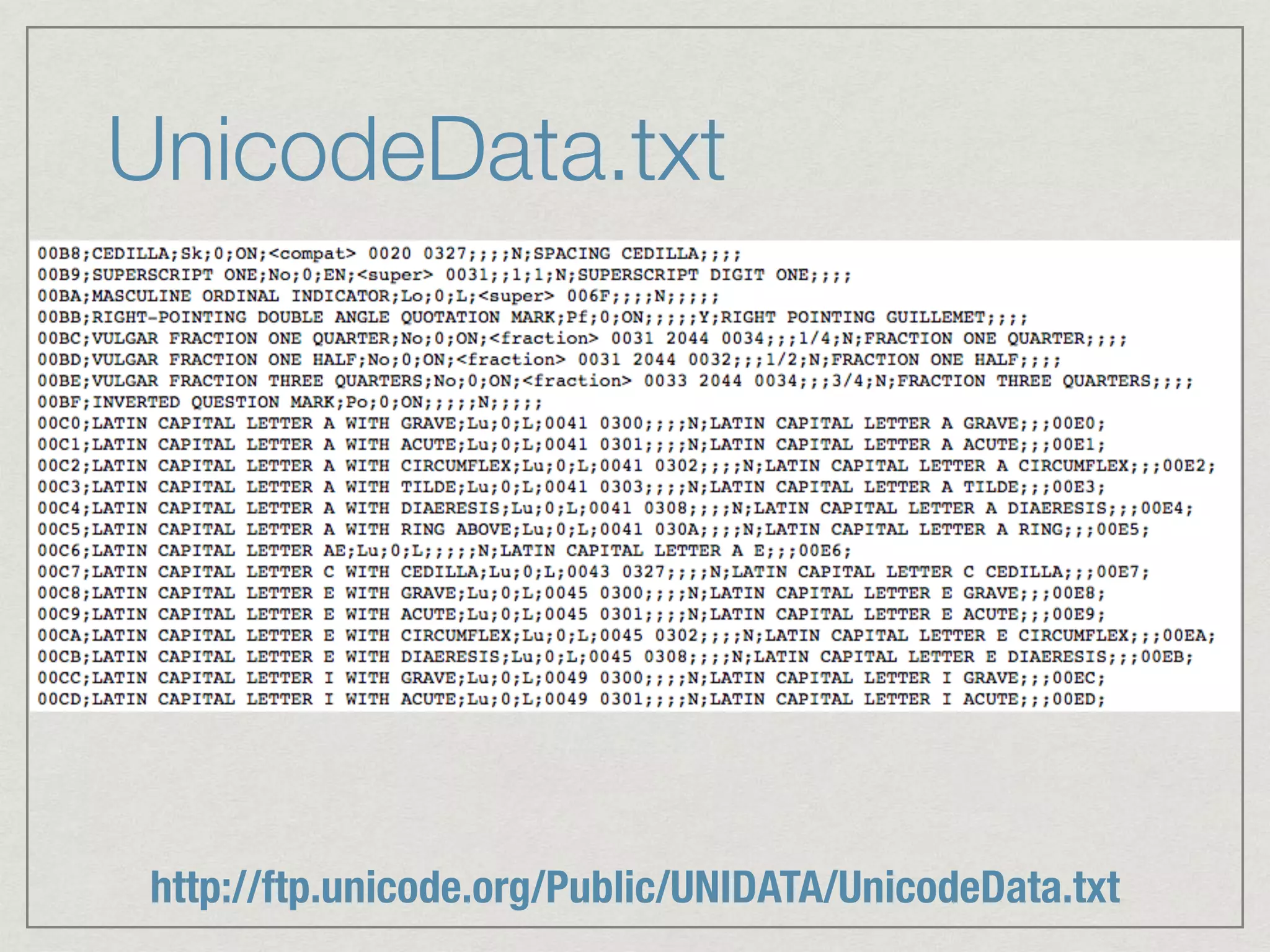 UnicodeData.txt http://ftp.unicode.org/Public/UNIDATA/UnicodeData.txt 