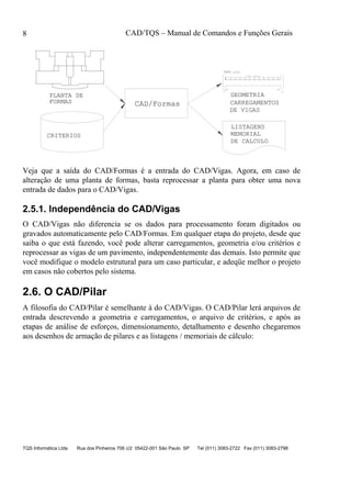 CAD/TQS – Manual de Comandos e Funções Gerais
TQS Informática Ltda Rua dos Pinheiros 706 c/2 05422-001 São Paulo SP Tel (011) 3083-2722 Fax (011) 3083-2798
8
LISTAGENS
MEMORIAL
DE CALCULO
CAD/Formas
GEOMETRIA
CARREGAMENTOS
.18 .23
1.25 C=5.41
V401 13/55
P1 P2
PLANTA DE
FORMAS
CRITERIOS
DE VIGAS
Veja que a saída do CAD/Formas é a entrada do CAD/Vigas. Agora, em caso de
alteração de uma planta de formas, basta reprocessar a planta para obter uma nova
entrada de dados para o CAD/Vigas.
2.5.1. Independência do CAD/Vigas
O CAD/Vigas não diferencia se os dados para processamento foram digitados ou
gravados automaticamente pelo CAD/Formas. Em qualquer etapa do projeto, desde que
saiba o que está fazendo, você pode alterar carregamentos, geometria e/ou critérios e
reprocessar as vigas de um pavimento, independentemente das demais. Isto permite que
você modifique o modelo estrutural para um caso particular, e adeqüe melhor o projeto
em casos não cobertos pelo sistema.
2.6. O CAD/Pilar
A filosofia do CAD/Pilar é semelhante à do CAD/Vigas. O CAD/Pilar lerá arquivos de
entrada descrevendo a geometria e carregamentos, o arquivo de critérios, e após as
etapas de análise de esforços, dimensionamento, detalhamento e desenho chegaremos
aos desenhos de armação de pilares e as listagens / memoriais de cálculo:
 