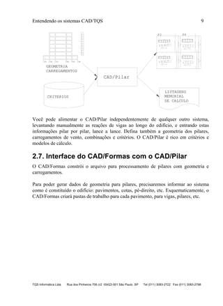 Entendendo os sistemas CAD/TQS 9
TQS Informática Ltda Rua dos Pinheiros 706 c/2 05422-001 São Paulo SP Tel (011) 3083-2722 Fax (011) 3083-2798
LISTAGENS
MEMORIAL
DE CALCULO
CAD/Pilar
CRITERIOS
GEOMETRIA
CARREGAMENTOS
P1 P2 P3 P4 P5 P6
18
110
12 ° 10
65
15
65
16
2X23 P5 ° 5 C=172
2X23G P4 ° 5 C=28
12P1°10C=320
2XP52XP4
23°5C/12
6
280
18
110
12 ° 10
65
15
65
16
2X23 P5 ° 5 C=172
2X23G P4 ° 5 C=28
12P1°10C=320
2XP52XP4
23°5C/12
7
280
25
100
10 ° 12.5
97
22
24
18 P2 ° 6.3 C=253
3X18G P3 ° 6.3 C=38
10P1°12.5C=330
P23XP3
18°6.3C/15
280
25
100
10 ° 12.5
97
22
24
18 P2 ° 6.3 C=253
3X18G P3 ° 6.3 C=38
10P1°12.5C=330
P23XP3
18°6.3C/15
7
280
P3 P4
Você pode alimentar o CAD/Pilar independentemente de qualquer outro sistema,
levantando manualmente as reações de vigas ao longo do edifício, e entrando estas
informações pilar por pilar, lance a lance. Defina também a geometria dos pilares,
carregamentos de vento, combinações e critérios. O CAD/Pilar é rico em critérios e
modelos de cálculo.
2.7. Interface do CAD/Formas com o CAD/Pilar
O CAD/Formas constrói o arquivo para processamento de pilares com geometria e
carregamentos.
Para poder gerar dados de geometria para pilares, precisaremos informar ao sistema
como é constituído o edifício: pavimentos, cotas, pé-direito, etc. Esquematicamente, o
CAD/Formas criará pastas de trabalho para cada pavimento, para vigas, pilares, etc.
 