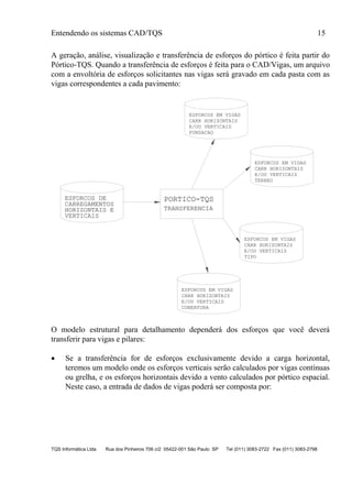 Entendendo os sistemas CAD/TQS 15
TQS Informática Ltda Rua dos Pinheiros 706 c/2 05422-001 São Paulo SP Tel (011) 3083-2722 Fax (011) 3083-2798
A geração, análise, visualização e transferência de esforços do pórtico é feita partir do
Pórtico-TQS. Quando a transferência de esforços é feita para o CAD/Vigas, um arquivo
com a envoltória de esforços solicitantes nas vigas será gravado em cada pasta com as
vigas correspondentes a cada pavimento:
PORTICO-TQS
CARREGAMENTOS
HORIZONTAIS E
VERTICAIS
ESFORCOS DE
FUNDACAO
ESFORCOS EM VIGAS
CARR HORIZONTAIS
E/OU VERTICAIS
ESFORCOS EM VIGAS
CARR HORIZONTAIS
E/OU VERTICAIS
ESFORCOS EM VIGAS
CARR HORIZONTAIS
E/OU VERTICAIS
ESFORCOS EM VIGAS
CARR HORIZONTAIS
E/OU VERTICAIS
TERREO
TIPO
COBERTURA
TRANSFERENCIA
O modelo estrutural para detalhamento dependerá dos esforços que você deverá
transferir para vigas e pilares:
 Se a transferência for de esforços exclusivamente devido a carga horizontal,
teremos um modelo onde os esforços verticais serão calculados por vigas contínuas
ou grelha, e os esforços horizontais devido a vento calculados por pórtico espacial.
Neste caso, a entrada de dados de vigas poderá ser composta por:
 