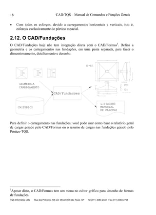 CAD/TQS – Manual de Comandos e Funções Gerais
TQS Informática Ltda Rua dos Pinheiros 706 c/2 05422-001 São Paulo SP Tel (011) 3083-2722 Fax (011) 3083-2798
18
 Com todos os esforços, devido a carregamentos horizontais e verticais, isto é,
esforços exclusivamente do pórtico espacial.
2.12. O CAD/Fundações
O CAD/Fundações hoje não tem integração direta com o CAD/Formas3
. Defina a
geometria e os carregamentos nas fundações, em uma pasta separada, para fazer o
dimensionamento, detalhamento e desenho:
GEOMETRIA
CRITERIOS
LISTAGENS
MEMORIAL
DE CALCULO
CAD/Fundacoes
CARREGAMENTO
85
55
39 P2 C/13
2X 38 P4 C/13
40P1C/12
2X39P3C/12
39 P2 C/13
2020
30 30
505
R=6
40P1C/12
20
3030
475
R=6
515
4854075
4075
S1=S2
40 P1 ° 16 C/12 C=560
2X39 P3 ° 8 C/12 C=40
39P2°16C/13C=530
2X38P4°8C/13C=40
450
20
8P5°20C=470
47
40
44 P6 ° 6.3 C/20 C=187
P1 P2 P3
Para definir o carregamento nas fundações, você pode usar como base o relatório geral
de cargas gerado pelo CAD/Formas ou o resumo de cargas nas fundações gerado pelo
Pórtico-TQS.
3
Apesar disto, o CAD/Formas tem um menu no editor gráfico para desenho de formas
de fundações.
 