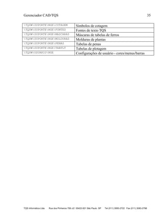 Gerenciador CAD/TQS 35
TQS Informática Ltda Rua dos Pinheiros 706 c/2 05422-001 São Paulo SP Tel (011) 3083-2722 Fax (011) 3083-2798
TQSWSUPORTENGECOTAGEM Símbolos de cotagem
TQSWSUPORTENGEFONTES Fontes de texto TQS
TQSWSUPORTENGEMASCARAS Máscaras de tabelas de ferros
TQSWSUPORTENGEMOLDURAS Molduras de plantas
TQSWSUPORTENGEPENAS Tabelas de penas
TQSWSUPORTENGETABPLT Tabelas de plotagem
TQSWUSUARIONGE Configurações de usuário - cores/menus/barras
 