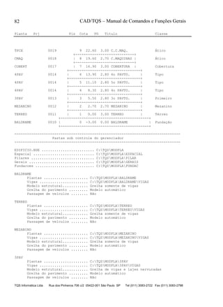 CAD/TQS – Manual de Comandos e Funções Gerais
TQS Informática Ltda Rua dos Pinheiros 706 c/2 05422-001 São Paulo SP Tel (011) 3083-2722 Fax (011) 3083-2798
82
Planta Prj Pis Cota PD Titulo Classe
TPCX 0019 9 22.60 3.00 C.C.MAQ. Ático
+----------------------------+
CMAQ 0018 | 8 19.60 2.70 C.MAQUINAS | Ático
+----------------------------+
COBERT 0017 | 7 16.90 3.00 COBERTURA | Cobertura
+----------------------------------+
4PAV 0014 | 6 13.90 2.80 6o PAVTO. | Tipo
+----------------------------------+
4PAV 0014 | 5 11.10 2.80 5o PAVTO. | Tipo
+----------------------------------+
4PAV 0014 | 4 8.30 2.80 4o PAVTO. | Tipo
+----------------------------------+
3PAV 0013 | 3 5.50 2.80 3o PAVTO. | Primeiro
+----------------------------------+
MEZANINO 0012 | 2 2.70 2.70 MEZANINO | Mezanino
+----------------------------------+
TERREO 0011 | 1 0.00 3.00 TERREO | Térreo
+------------------------------------------+
BALDRAME 0010 | 0 -3.00 0.00 BALDRAME | Fundação
+------------------------------------------+
-------------------------------------------------------------------------------
Pastas sob controle do gerenciador
-------------------------------------------------------------------------------
EDIFICIO.BDE ......................... C:TQSMODPLA
Espacial ............................. C:TQSMODPLAESPACIAL
Pilares .............................. C:TQSMODPLAPILAR
Gerais ............................... C:TQSMODPLAGERAIS
Fundacoes ............................ C:TQSMODPLAFUNDAC
BALDRAME
Plantas ..................... C:TQSMODPLABALDRAME
Vigas ....................... C:TQSMODPLABALDRAMEVIGAS
Modelo estrutural............ Grelha somente de vigas
Grelha do pavimento ......... Modelo automático
Passagem de veículos ........ Não
TERREO
Plantas ..................... C:TQSMODPLATERREO
Vigas ....................... C:TQSMODPLATERREOVIGAS
Modelo estrutural............ Grelha somente de vigas
Grelha do pavimento ......... Modelo automático
Passagem de veículos ........ Não
MEZANINO
Plantas ..................... C:TQSMODPLAMEZANINO
Vigas ....................... C:TQSMODPLAMEZANINOVIGAS
Modelo estrutural............ Grelha somente de vigas
Grelha do pavimento ......... Modelo automático
Passagem de veículos ........ Não
3PAV
Plantas ..................... C:TQSMODPLA3PAV
Vigas ....................... C:TQSMODPLA3PAVVIGAS
Modelo estrutural............ Grelha de vigas e lajes nervuradas
Grelha do pavimento ......... Modelo automático
Passagem de veículos ........ Não
 