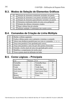 CAD/TQS – Edificações de Pequeno Porte
TQS Informática Ltda. Rua dos Pinheiros 706 c/2 05422-001 São Paulo SP Tel (0xx11) 3083-2722 Fax (0xx11) 3083-2798
282
B.3. Modos de Seleção de Elementos Gráficos
<W> Seleção de elementos totalmente incluídos em janela.
<C> Seleção de elementos com pontos incluídos em janela
<D> Seleção de elementos parcialmente incluídos em janela
<R> Elementos totalmente dentro de uma cerca poligonal
<L> Seleção dos últimos elementos criados
<P> Pega a última lista de seleção
<N> Seleção múltipla: Combinação dos modos acima.
B.4. Comandos de Criação de Linha Múltipla
<U> Desfaz o último segmento
<C> Fecha o último ponto com o primeiro e termina o comando
<R> Altera uma distância paralela para uso com os comandos <P> e <X>.
<P> Traça uma paralela à reta apontada pelo cursor;
<D> Traça uma paralela a uma reta por dois pontos fornecidos
<X> Estende o trecho atual até uma reta apontada pelo cursor
<L> Modifica o comprimento do trecho atual
<F> Troca a ponta atual de definição da linha
B.5. Cores Lógicas – Principais
Cor Número Cor Número
Vermelha 1 Vermelha fraca 9
Amarela 2 Marrom 10
Verde 3 Verde fraca 11
Azul claro 4 Azul claro fraca 12
Azul escuro 5 Azul escuro fraca 13
Roxa 6 Roxo fraca 14
Branca 7 Cinza 15
Cinza fraca 8
 