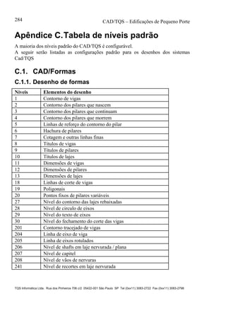 CAD/TQS – Edificações de Pequeno Porte
TQS Informática Ltda. Rua dos Pinheiros 706 c/2 05422-001 São Paulo SP Tel (0xx11) 3083-2722 Fax (0xx11) 3083-2798
284
Apêndice C.Tabela de níveis padrão
A maioria dos níveis padrão do CAD/TQS é configurável.
A seguir serão listadas as configurações padrão para os desenhos dos sistemas
Cad/TQS
C.1. CAD/Formas
C.1.1. Desenho de formas
Níveis Elementos do desenho
1 Contorno de vigas
2 Contorno dos pilares que nascem
3 Contorno dos pilares que continuam
4 Contorno dos pilares que morrem
5 Linhas de reforço do contorno do pilar
6 Hachura de pilares
7 Cotagem e outras linhas finas
8 Títulos de vigas
9 Títulos de pilares
10 Títulos de lajes
11 Dimensões de vigas
12 Dimensões de pilares
13 Dimensões de lajes
18 Linhas de corte de vigas
19 Poligonais
20 Pontos fixos de pilares variáveis
27 Nível do contorno das lajes rebaixadas
28 Nível de circulo de eixos
29 Nível do texto de eixos
30 Nível do fechamento do corte das vigas
201 Contorno tracejado de vigas
204 Linha de eixo de viga
205 Linha de eixos rotulados
206 Nível de shafts em laje nervurada / plana
207 Nível de capitel
208 Nível de vãos de nervuras
241 Nível de recortes em laje nervurada
 