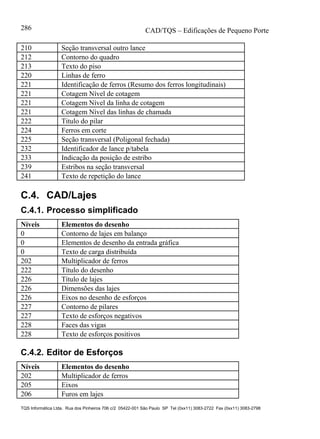 CAD/TQS – Edificações de Pequeno Porte
TQS Informática Ltda. Rua dos Pinheiros 706 c/2 05422-001 São Paulo SP Tel (0xx11) 3083-2722 Fax (0xx11) 3083-2798
286
210 Seção transversal outro lance
212 Contorno do quadro
213 Texto do piso
220 Linhas de ferro
221 Identificação de ferros (Resumo dos ferros longitudinais)
221 Cotagem Nível de cotagem
221 Cotagem Nível da linha de cotagem
221 Cotagem Nível das linhas de chamada
222 Titulo do pilar
224 Ferros em corte
225 Seção transversal (Poligonal fechada)
232 Identificador de lance p/tabela
233 Indicação da posição de estribo
239 Estribos na seção transversal
241 Texto de repetição do lance
C.4. CAD/Lajes
C.4.1. Processo simplificado
Níveis Elementos do desenho
0 Contorno de lajes em balanço
0 Elementos de desenho da entrada gráfica
0 Texto de carga distribuída
202 Multiplicador de ferros
222 Título do desenho
226 Título de lajes
226 Dimensões das lajes
226 Eixos no desenho de esforços
227 Contorno de pilares
227 Texto de esforços negativos
228 Faces das vigas
228 Texto de esforços positivos
C.4.2. Editor de Esforços
Níveis Elementos do desenho
202 Multiplicador de ferros
205 Eixos
206 Furos em lajes
 