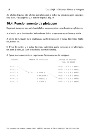 118 CAD/TQS – Edição de Plantas e Plotagem
TQS Informática Ltda. Rua dos Pinheiros 706 c/2 05422-001 São Paulo SP Tel (011) 3083-2722 Fax (011) 3083-2798
As tabelas de penas são tabelas que relacionam o índice de uma pena com sua espes-
sura e cor. Veja capítulo 2.3. Tabela de penas pág.19.
10.4. Funcionamento da plotagem
Depois de descrevermos as três entidades, vamos mostrar como funciona a plotagem.
A primeira parte é o desenho. Nele criamos linhas e textos nos seus diversos níveis.
A tabela de plotagem faz a interligação destes níveis com o índice das penas, hachu-
ras, fontes, etc.
O driver do plotter, lê o índice da pena e determina qual a espessura e cor ele irá plo-
tar, além é claro, de fazer as hachuras automaticamente.
A figura abaixo demonstra o esquema do funcionamento da plotagem:
DESENHO TABELA DE PLOTAGEM DRIVER DE PLOTTER
NIVEL 1
NIVEL 2
NIVEL 3
NIVEL 4
NIVEL 5
NIVEL 6
NIVEL 1 x PENA 5
x HACHURA 3
x ESTILO 0
x FONTE 0
PENA 1 - 0.1 / PRETO
PENA 2 - 0.2 / PRETO
PENA 3 - 0.3 / PRETO
PENA 4 - 0.4 / PRETO
PENA 5 - 0.5 / PRETO
PENA 6 - 0.6 / PRETO
+ TAB. DE PENAS
 