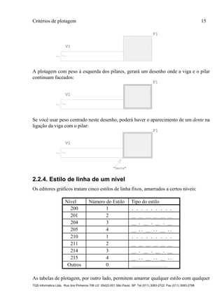 Critérios de plotagem 15
TQS Informática Ltda. Rua dos Pinheiros 706 c/2 05422-001 São Paulo SP Tel (011) 3083-2722 Fax (011) 3083-2798
V1
P1
A plotagem com peso à esquerda dos pilares, gerará um desenho onde a viga e o pilar
continuam faceados:
V1
P1
Se você usar peso centrado neste desenho, poderá haver o aparecimento de um dente na
ligação da viga com o pilar:
V1
P1
"Dente"
2.2.4. Estilo de linha de um nível
Os editores gráficos tratam cinco estilos de linha fixos, amarrados a certos níveis:
Nível Número do Estilo Tipo do estilo
200 1 . . . . . . . . .
201 2 __ __ __ __ __ __
204 3 __ . __ . __ . __
205 4 __ .. __ .. __ ..
210 1 . . . . . . . . .
211 2 __ __ __ __ __ __
214 3 __ . __ . __ . __
215 4 __ .. __ .. __ ..
Outros 0 _______________
As tabelas de plotagem, por outro lado, permitem amarrar qualquer estilo com qualquer
 