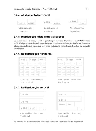 Critérios de geração de plantas – PLANTAS.DAT 41
TQS Informática Ltda. Rua dos Pinheiros 706 c/2 05422-001 São Paulo SP Tel (011) 3083-2722 Fax (011) 3083-2798
3.4.4. Alinhamento horizontal
V-0016 V-0085
Alinhamento
Inferior
V-0016
V-0085
Alinhamento
V-0016
V-0085
Alinhamento
Central Superior
3.4.5. Distribuição mista entre aplicações
Se a distribuição é mista, desenhos gerados por sistemas diferentes – ex.: CAD/Formas
e CAD/Vigas – são misturados conforme os critérios de ordenação. Senão, os desenhos
são posicionados um grupo por vez, onde cada grupo consiste em desenhos de somente
um sistema.
3.4.6. Redistribuição horizontal
PL 1 PL 1
horizontal horizontal
V-0016 V-0017 V-0018
V-0019 V-0020 V-0021 V-0022
V-0023 V-0024 V-0027 V-0028 V-0029
V-0031 V-0032 V-0033 V-0034 V-0035
V-0036 V-0037 V-0038 V-0039
V-0016 V-0017 V-0018
V-0019 V-0020 V-0021 V-0022
V-0023 V-0024 V-0027 V-0028 V-0029
V-0031 V-0032 V-0033 V-0034 V-0035
V-0036 V-0037 V-0038 V-0039
Com redistribuicao Sem redistribuicao
3.4.7. Redistribuição vertical
PL 1PL 1
vertical vertical
V-0106
V-0105
V-0016 V-0017
V-0106
V-0105
V-0016 V-0017
Sem redistribuicaoCom redistribuicao
 