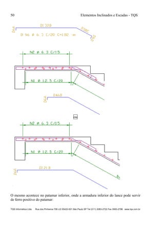 50 Elementos Inclinados e Escadas - TQS
TQS Informática Ltda Rua dos Pinheiros 706 c/2 05422-001 São Paulo SP Tel (011) 3083-2722 Fax 3083-2798 www.tqs.com.br
ou
O mesmo acontece no patamar inferior, onde a armadura inferior do lance pode servir
de ferro positivo do patamar:
 