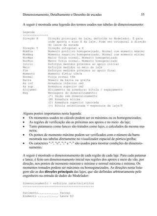Dimensionamento, Detalhamento e Desenho de escadas 55
A seguir é mostrada uma legenda dos termos usados nas tabelas de dimensionamento:
Legenda
---------------
Direção X Direção principal da laje, definida no Modelador. É para
onde aponta o eixo X da laje. Pode ser ortogonal à direção
do lance da escada
Direção Y Direção ortogonal a X
MomPos Momento positivo homogeneizado. Normal com momento máximo
MomNeg Momento negativo homogeneizado. Normal com momento mínimo
NorMax Maior força normal. Momento homogeneizado
NorMin Menor força normal. Momento homogeneizado
Início Esforços medidos próximos ao apoio inicial
Meio Esforços medidos no meio da laje
Fim Esforços medidos próximos ao apoio final
Momento Momento fletor tfm/m
Normal Força normal tfm
Barra Número da barra na grelha
As inf Armadura inferior cm2
As sup Armadura superior cm2
Alojamen Alojamento da armadura: bitola / espaçamento
Msg Mensagens do dimensionamento:
(*) Seção sem dimensionamento
(M) Armadura mínima
(I) Armadura superior ignorada
(>) Bitola selecionada > espessura da laje/8
Alguns pontos importantes nesta legenda:
 Os momentos usados no cálculo podem ser os máximos ou os homogeneizados;
 As regiões de verificação são as próximas aos apoios e no meio da laje;
 Tanto patamares como lances são tratados como lajes, e calculados da mesma ma-
neira;
 Os pontos de momento máximo podem ser verificados com o número da barra
mostrada nas tabelas diretamente no visualizador espacial de pórtico/grelha;
 Os caracteres "*", "M", "I" e ">" são usados para mostrar condições do dimensio-
namento.
A seguir é mostrado o dimensionamento de cada região de cada laje. Para cada patamar
e lance, é feito um dimensionamento inicial nas regiões dos apoios e meio do vão, por
direção, nos pontos de momento máximo e mínimo e normal máxima e mínima. Os
momentos tomados podem ser máximos ou homogeneizados. As direções nesta lista-
gem são as das direções principais das lajes, que são definidas arbitrariamente pelo
engenheiro na entrada de dados do Modelador:
Dimensionamento - esforços característicos
------------------------------------------
Pavimento............ Terreo
Elemento ............ Lance E3
 