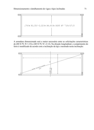Dimensionamento e detalhamento de vigas e lajes inclinadas 71
A armadura dimensionada será a maior necessária entre as solicitações características
de (M=0.79, N=1.33) e (M=0.79, N=-2.12). Na direção longitudinal, o comprimento do
ferro é modificado de acordo com a inclinação da laje e mostrado nesta inclinação:
 