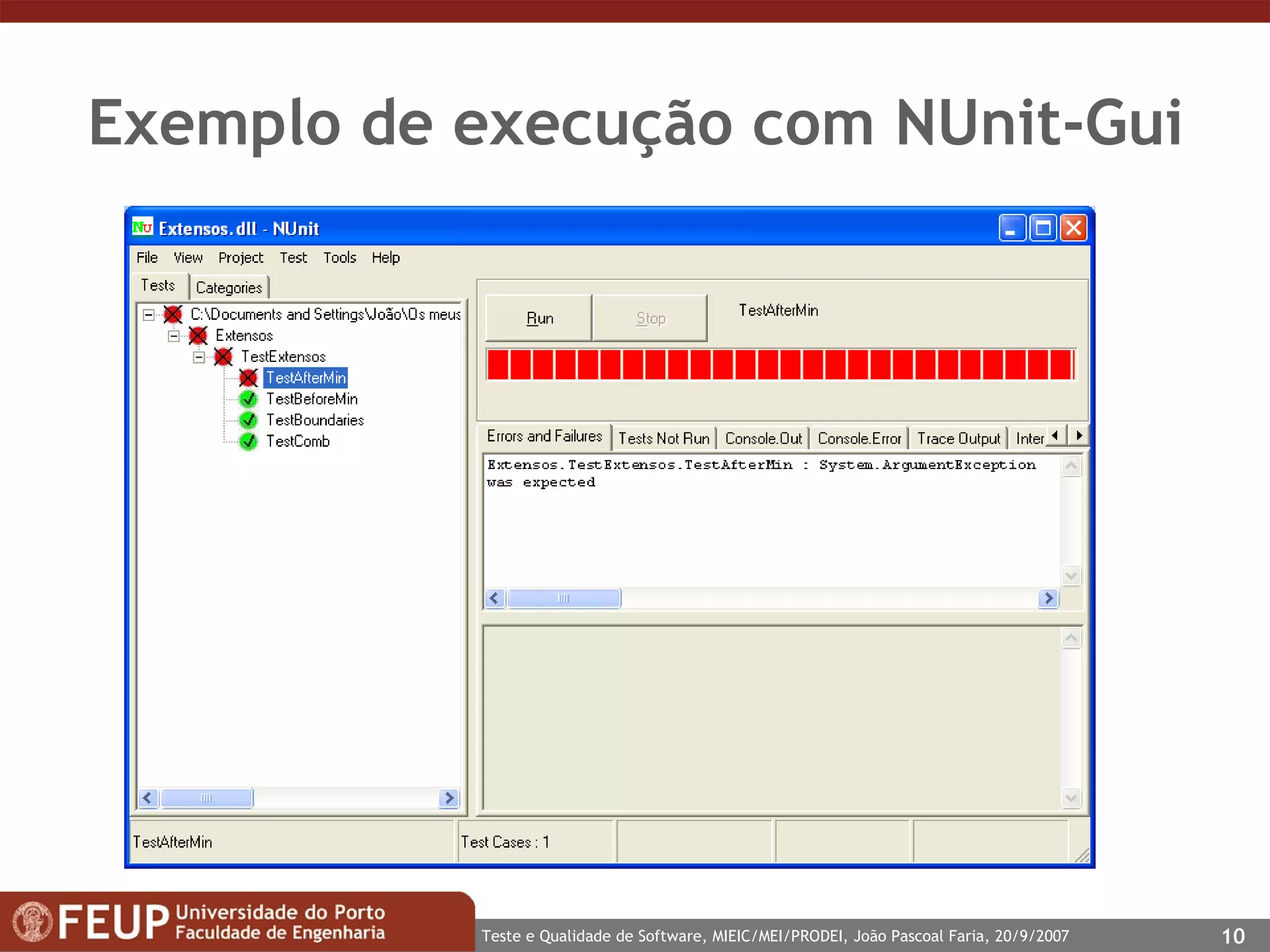 Exemplo de execução com NUnit-Gui 