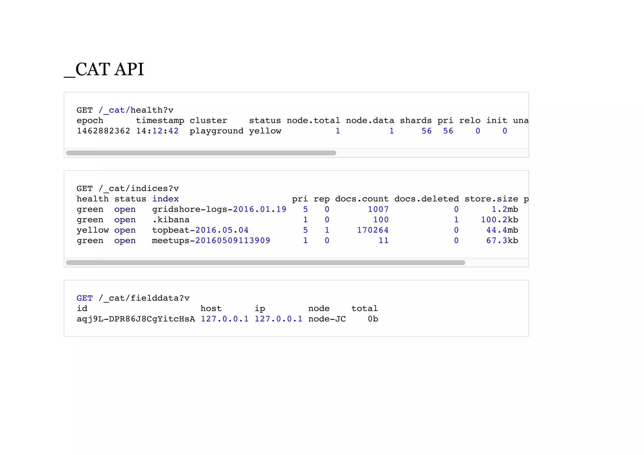 _CAT API
GET /_cat/health?v
epoch timestamp cluster status node.total node.data shards pri relo init unassign pending_tasks ma
1462882362 14:12:42 playground yellow 1 1 56 56 0 0
GET /_cat/indices?v
health status index pri rep docs.count docs.deleted store.size pri.store.size
green open gridshore-logs-2016.01.19 5 0 1007 0 1.2mb
green open .kibana 1 0 100 1 100.2kb
yellow open topbeat-2016.05.04 5 1 170264 0 44.4mb
green open meetups-20160509113909 1 0 11 0 67.3kb
GET /_cat/fielddata?v
id host ip node total
aqj9L-DPR86J8CgYitcHsA 127.0.0.1 127.0.0.1 node-JC 0b
 