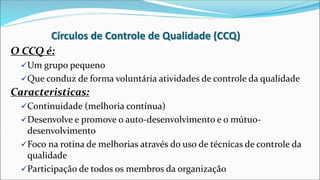 Círculos de Controle de Qualidade (CCQ)
O CCQ é:
Um grupo pequeno
Que conduz de forma voluntária atividades de controle ...