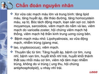 LOGO
Chẩn đoán nguyên nhân
 Xơ vữa các mạch máu lớn và trung bình: tăng lipid
máu, tăng huyết áp, đái tháo đường, tăng homocystein
máu, xạ trị. Bóc tách động mạch, loạn sản sợi cơ, bệnh
moyamoya, sarcoidois, viêm mạch do nấm và lao, viêm
mạch do varicella zoster, hội chứng viêm mạch hệ
thống, viêm mạch hệ thần kinh trung uơng cùng bên.
 Bệnh mạch máu nhỏ: Lipohyalinosis, xo vữa động
mạch, nhiễm trùng (giang mai,
 lao, cryptococcus), viêm mạch.
 Thuyên tắc từ tim: Tăng huyết áp, bệnh cơ tim, rung
nhĩ, bệnh van tim, huyết khối nhĩ trái, huyết khối thành
thất sau nhồi máu cơ tim, viêm nội tâm mạc nhiễm
trùng, không do vi trùng ( ung thu, hội chứng
antiphospholipid), u nhày nhĩ trái.
 