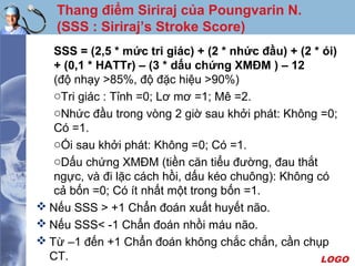LOGO
Thang điểm Siriraj của Poungvarin N.
(SSS : Siriraj’s Stroke Score)
SSS = (2,5 * mức tri giác) + (2 * nhức đầu) + (2 * ói)
+ (0,1 * HATTr) – (3 * dấu chứng XMĐM ) – 12
(độ nhạy >85%, độ đặc hiệu >90%)
oTri giác : Tỉnh =0; Lơ mơ =1; Mê =2.
oNhức đầu trong vòng 2 giờ sau khởi phát: Không =0;
Có =1.
oÓi sau khởi phát: Không =0; Có =1.
oDấu chứng XMĐM (tiền căn tiểu đường, đau thắt
ngực, và đi lặc cách hồi, dấu kéo chuông): Không có
cả bốn =0; Có ít nhất một trong bốn =1.
 Nếu SSS > +1 Chẩn đoán xuất huyết não.
 Nếu SSS< -1 Chẩn đoán nhồi máu não.
 Từ –1 đến +1 Chẩn đoán không chắc chắn, cần chụp
CT.
 