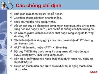 LOGO
Các chống chỉ định
 Thời gian quá 3h truớc khi lên kế hoạch.
 Các triệu chứng cải thiện nhanh chống.
 Triệu chứng/dấu hiệu đột quỵ nhẹ.
 Đối với đột quỵ do tắc nghẽn động mạch não giữa, nếu BN có tình
trạng hôn mê hoặc ý thức u ám có thể là chống chỉ định tương đối.
 Có cơn co giật xuật hiện lúc khởi phát hoặc trong vòng 3h trướng
khi dùng tPA.
 Các biểu hiện lâm sàng gợi ý chảy máu dưới nhện dù CT dương
tính hay âm tính.
 HATT>185mmHg, hoặc HATTr >110mmHg.
 Đột quỵ TMCB nhẹ trong vòng 1 tháng trước đó hoặc đột quỵ
TMCB nặng hay CTSN trong vòng 3tuần.
 Tiền sử bị chảy máu não hoặc chảy máu dưới nhện nếu nguy cơ
tái phát thấy rõ.
 Túi phình mạch máu não chưa được điều trị, dị dạng mạch máu
não, u não.
 