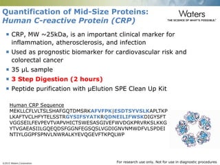 ©2015 Waters Corporation 1
Quantification of Mid-Size Proteins:
Human C-reactive Protein (CRP)
 CRP, MW ~25kDa, is an important clinical marker for
inflammation, atherosclerosis, and infection
 Used as prognostic biomarker for cardiovascular risk and
colorectal cancer
 35 µL sample
 3 Step Digestion (2 hours)
 Peptide purification with µElution SPE Clean Up Kit
Human CRP Sequence
MEKLLCFLVLTSLSHAFGQTDMSRKAFVFPK|ESDTSYVSLKAPLTKP
LKAFTVCLHFYTELSSTRGYSIFSYATKRQDNEILIFWSKDIGYSFT
VGGSEILFEVPEVTVAPVHICTSWESASGIVEFWVDGKPRVRKSLKKG
YTVGAEASIILGQEQDSFGGNFEGSQSLVGDIGNVNMWDFVLSPDEI
NTIYLGGPFSPNVLNWRALKYEVQGEVFTKPQLWP
For research use only. Not for use in diagnostic procedures
 