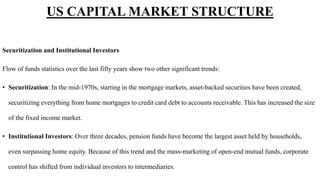 Securitization and Institutional Investors
Flow of funds statistics over the last fifty years show two other significant trends:
• Securitization: In the mid-1970s, starting in the mortgage markets, asset-backed securities have been created,
securitizing everything from home mortgages to credit card debt to accounts receivable. This has increased the size
of the fixed income market.
• Institutional Investors: Over three decades, pension funds have become the largest asset held by households,
even surpassing home equity. Because of this trend and the mass-marketing of open-end mutual funds, corporate
control has shifted from individual investors to intermediaries.
US CAPITAL MARKET STRUCTURE
 