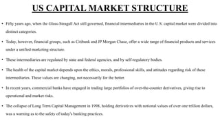 US CAPITAL MARKET STRUCTURE
• Fifty years ago, when the Glass-Steagall Act still governed, financial intermediaries in the U.S. capital market were divided into
distinct categories.
• Today, however, financial groups, such as Citibank and JP Morgan Chase, offer a wide range of financial products and services
under a unified marketing structure.
• These intermediaries are regulated by state and federal agencies, and by self-regulatory bodies.
• The health of the capital market depends upon the ethics, morals, professional skills, and attitudes regarding risk of these
intermediaries. These values are changing, not necessarily for the better.
• In recent years, commercial banks have engaged in trading large portfolios of over-the-counter derivatives, giving rise to
operational and market risks.
• The collapse of Long Term Capital Management in 1998, holding derivatives with notional values of over one trillion dollars,
was a warning as to the safety of today's banking practices.
 