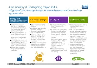 June 2014
Energy and
industrial efficiency
Renewable energy Smart grid Electrical mobility
Electric motors represent
around 70% of all industrial
consumption of electricity, or
25% of worldwide general
electricity consumption;
Electricity consumption is by
far the largest component of
total cost of ownership of
electric motors (may exceed
95%) for industrial clients;
Clear regulatory trend towards
minimum levels of electric
motor energy efficiency (lower
needs to expand generation);
Industrial productivity and
energy management drives
investments.
Global drive to lower GHG
emissions;
Renewables allow distributed
generation, closer to
consumption and requiring
lower T&D infrastructure;
Economic viability is highly
dependent on scale. With
correct price incentives,
technology catches up with
economics;
Diversity of sources increases
systems stability and energy
availability. No energy is the
most expensive energy of all.
Increasing urbanization adds to
congestions and need of
alternatives;
GHG and other pollutants
emitted by internal combustion
engines powered vehicles are
well above sustainable levels;
Electricity is clearly a more
efficient use of energy to power
vehicles. Pure electric, hybrids
and alternative fuels will grow
faster than the market;
Powertrain solutions are
scalable to all vehicle types
and sizes and to other
transportation modes (WEG
has commercially available
solutions in maritime
powertrains)
Electricity distribution grid is
evolving and becoming
”smarter”;
All nodes of the system, from
generation to consumptions
(and everything in between)
must be aware of conditions
and able to respond to
changes;
Every existing electric product
must evolve. There will be
more sensors, more
automation, more efficient
generation and use of
electricity;
New products are being
developed and change is just
now starting.
Our industry is undergoing major shifts
Megatrends are creating changes in demand patterns and new business
opportunities
3BM&F Bovespa: WEGE3 / OTC: WEGZY
 