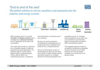 June 2014
WEG’s strategic vision is to provide
complete and efficient solutions with a
complete line of electrical machines,
from the generation all the way to the
consumption.
This means that we want to continue to
be a competitive supplier of electrical
equipment for typical applications. For
example, WEG is one the world's
largest supplier of industrial electric
motors used by OEM in the
manufacturing pumps, compressors
“End to end of the wire”
The global solution in electric machines and automation for the
industry and energy systems
4BM&F Bovespa: WEGE3 / OTC: WEGZY
and industrial fans, the typical uses of
such products.
We also can use this production
competitiveness and flexibility and our
broad product line to integrate those
products into a complete solutions.
We can combine electric motors of
several types and sizes with the drives
and controls to create complex industry
automation systems. Or complete
solutions for electricity generation from
renewable sources. Or complete
energy substations for just about any
use. Important to note that these
systems are basically comprised of
WEG manufactured products.
This integrated approach based on
competitive manufacturing capabilities
has been the basis of our market
presence and how we present
ourselves to our clients and to the
general market.
Generation Transmission Distribution Industrial use Electric
traction
Building
Automation
 