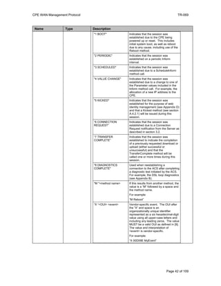 CPE WAN Management Protocol TR-069
Name Type Description
"1 BOOT" Indicates that the session was
established due to the CPE being
powered up or reset. This includes
initial system boot, as well as reboot
due to any cause, including use of the
Reboot method.
"2 PERIODIC" Indicates that the session was
established on a periodic Inform
interval.
"3 SCHEDULED" Indicates that the session was
established due to a ScheduleInform
method call.
"4 VALUE CHANGE" Indicates that the session was
established due to a change to one of
the Parameter values included in the
Inform method call. For example, the
allocation of a new IP address to the
CPE.
"5 KICKED" Indicates that the session was
established for the purpose of web
identity management (see Appendix D)
and that a Kicked method (see section
A.4.2.1) will be issued during this
session.
“6 CONNECTION
REQUEST”
Indicates that the session was
established due to a Connection
Request notification from the Server as
described in section 3.2.
“7 TRANSFER
COMPLETE”
Indicates that the session was
established to indicate the completion
of a previously requested download or
upload (either successful or
unsuccessful) and that the
TransferComplete method will be
called one or more times during this
session.
"8 DIAGNOSTICS
COMPLETE"
Used when reestablishing a
connection to the ACS after completing
a diagnostic test initiated by the ACS.
For example, the DSL loop diagnostics
(see Appendix B).
"M "<method name> If this results from another method, the
value is a “M” followed by a space and
the method name.
For example:
“M Reboot”
“X “<OUI> <event> Vendor-specific event. The OUI after
the “X“ and space is an
organizationally unique identifier
represented as a six hexadecimal-digit
value using all upper-case letters and
including any leading zeros. The value
MUST be a valid OUI as defined in [9].
The value and interpretation of
<event> is vendor-specific.
For example:
“X 00D09E MyEvent”
Page 42 of 109
 