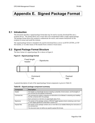 CPE WAN Management Protocol TR-069
Appendix E. Signed Package Format
E.1 Introduction
This document specifies a signed package format that may be used to securely download files into a
recipient device. The format allows one or more files to be encapsulated within a single signed package.
The package format allows the recipient to authenticate the source, and contains instructions for the
recipient to extract and install the contents.
The signed package format is intended to be used for download from a server via HTTP, HTTPS, or FTP
file transfer, or via other means of file transfer from a remote or local source.
E.2 Signed Package Format Structure
The basic format of a signed package file is shown in Figure 8.
Figure 8 – Signed package format
Fixed length
header
Payload
files
Signatures
Command
list
A general description of each of the signed package format components is given in Table .65
Table 65 – Signed package component summary
Component Description
Header The header is a fixed-length structure including a preamble, format version, and the lengths of
the command list and payload components.
Command list The command list contains a sequence of instructions to be followed in extracting and installing
the files contained within the package.
Each command is in the form of a type-length-value (TLV).
Signatures This section of the package contains a PKCS #7 digital signature block containing a set of zero
or more digital signatures as described in section E.5.
Payload files This section of the package contains one or more files to be installed following the instructions in
the command list.
This document does not define any specific payload file formats.
Page 99 of 109
 
