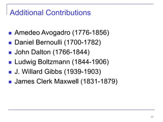 13
Additional Contributions
 Amedeo Avogadro (1776-1856)
 Daniel Bernoulli (1700-1782)
 John Dalton (1766-1844)
 Ludwig Boltzmann (1844-1906)
 J. Willard Gibbs (1939-1903)
 James Clerk Maxwell (1831-1879)
 