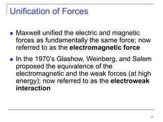 28
Unification of Forces
 Maxwell unified the electric and magnetic
forces as fundamentally the same force; now
referred to as the electromagnetic force
 In the 1970’s Glashow, Weinberg, and Salem
proposed the equivalence of the
electromagnetic and the weak forces (at high
energy); now referred to as the electroweak
interaction
 